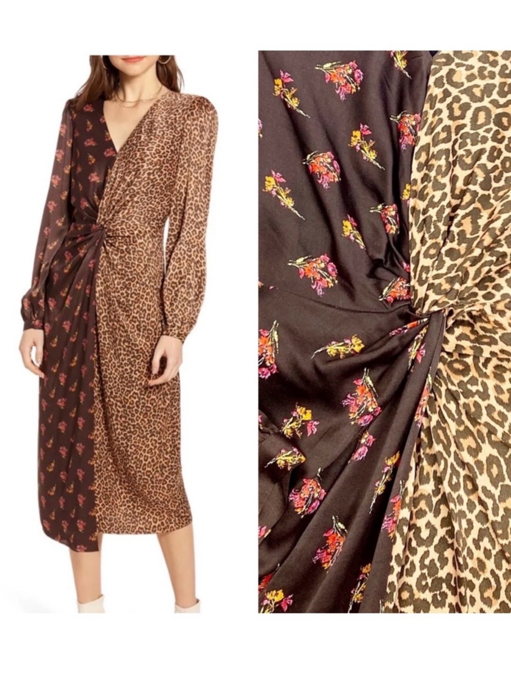 Something Navy Twist Front Long Sleeve Double Printed Midi Dress Leopard Floral